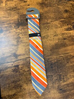 jf j.ferrar Orange, Yellow & Gray Diagonal Stripe Silk Tie